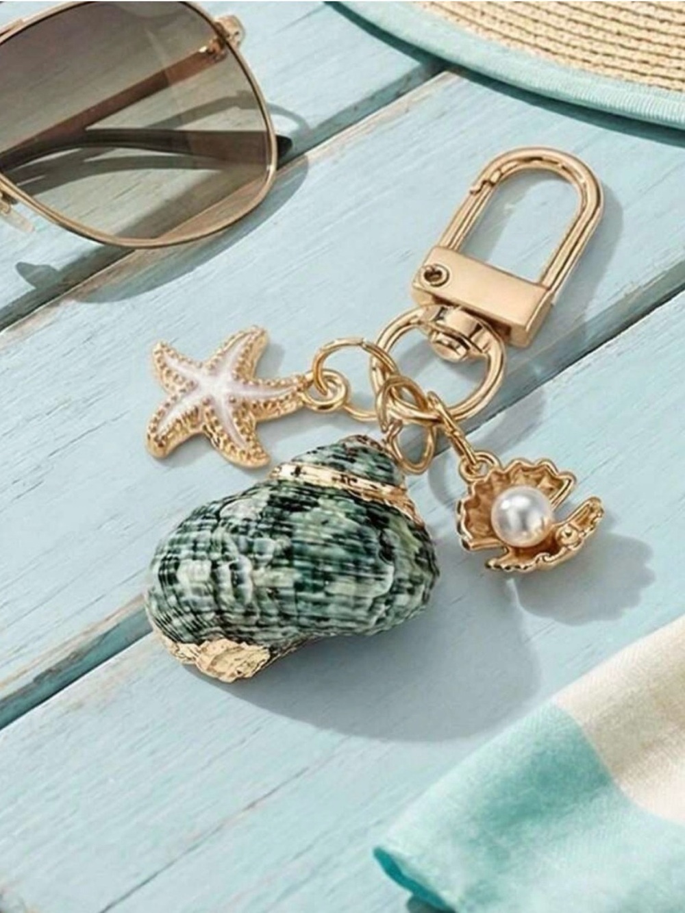 ✨ NWT Coastal Conch Shell & Starfish Bag Charm Keychain Faux Pearl Gold ✨
